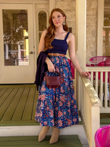 Blue Fall Floral Block-Print Maxi Skirt