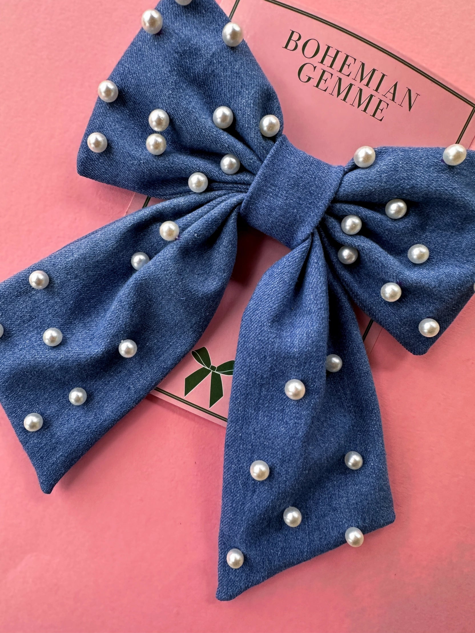 Denim Pearl Embellished Hair Bow