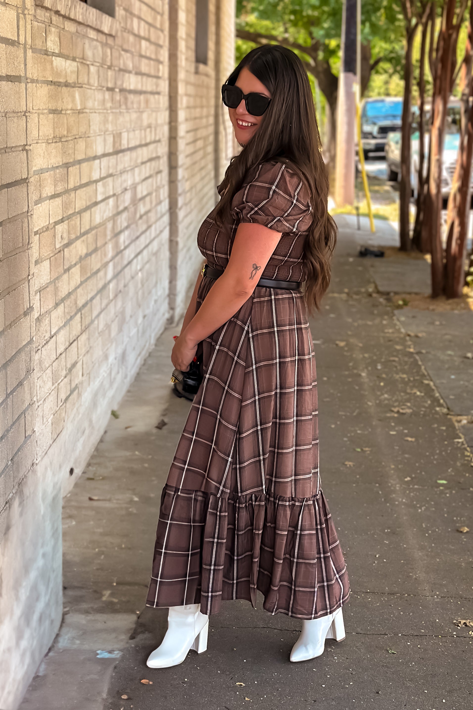 Brown Plaid Midi Dress