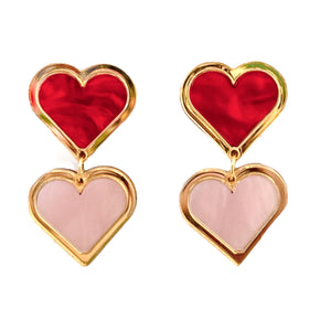 Bella Double Heart Earrings- Red & Pink