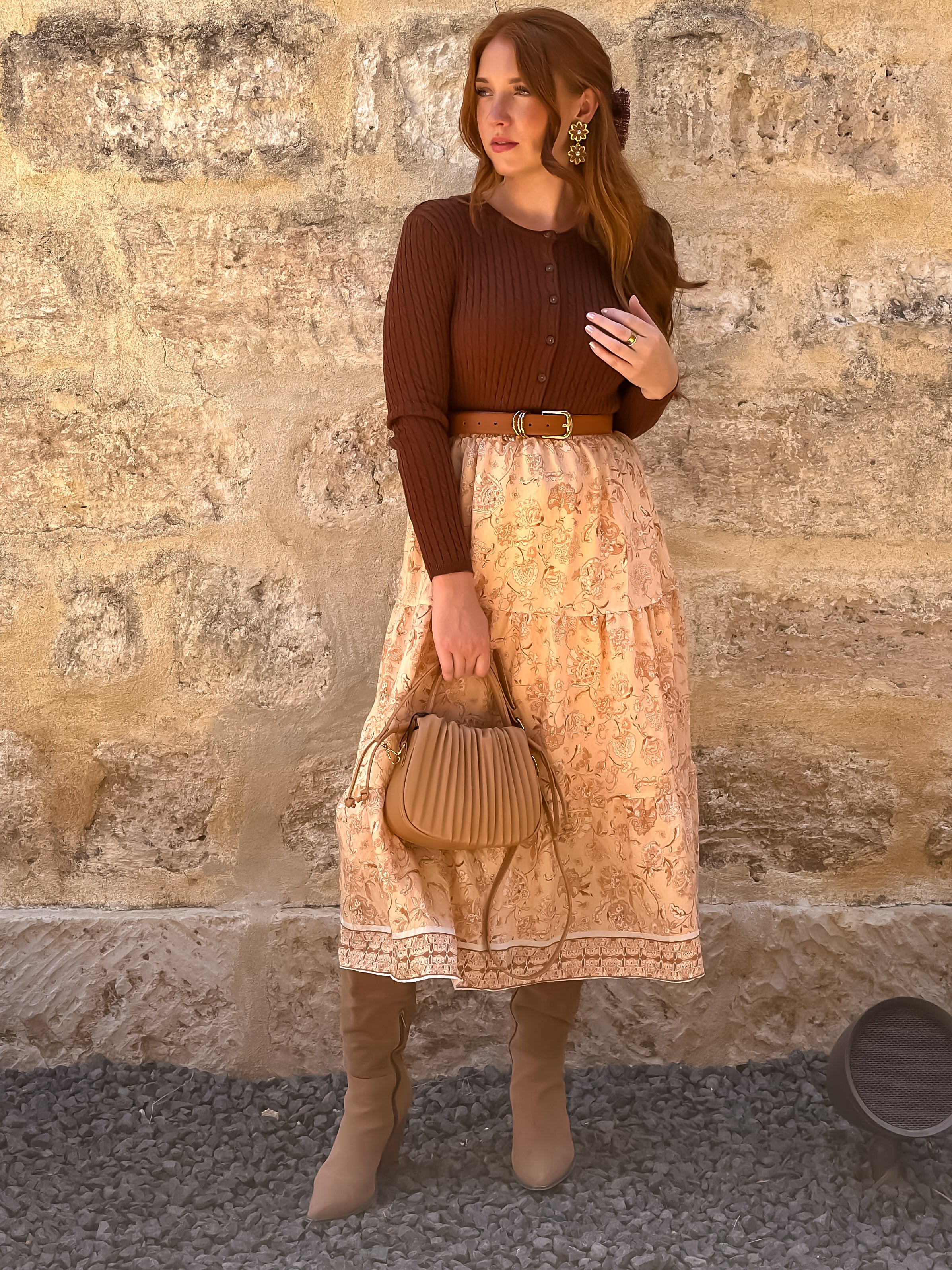 Peach Floral Midi Skirt