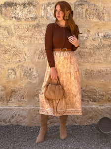 Peach Floral Midi Skirt