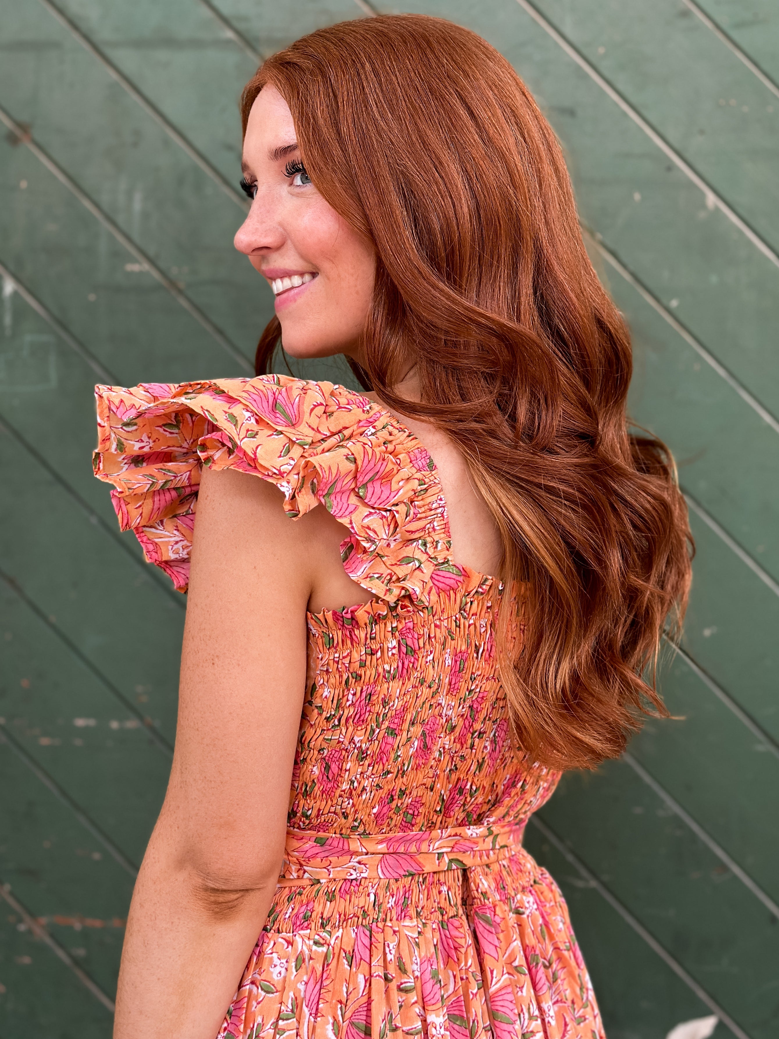 red hair peach dress Long Peach Dress Silk Dress, Partywear Floor Length Dress with red flo