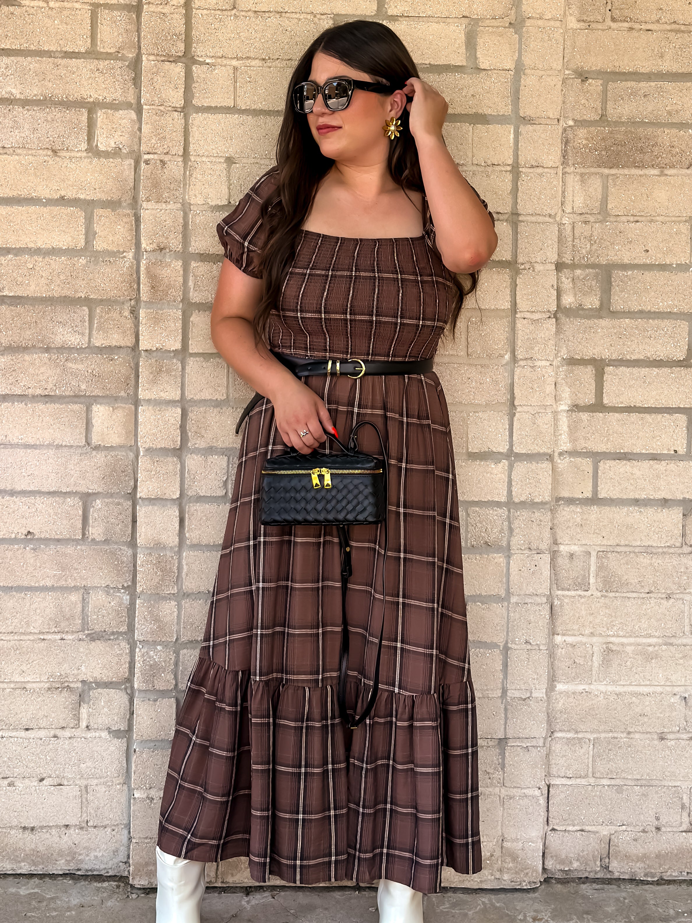 Brown Plaid Midi Dress