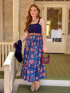 Blue Fall Floral Block-Print Maxi Skirt