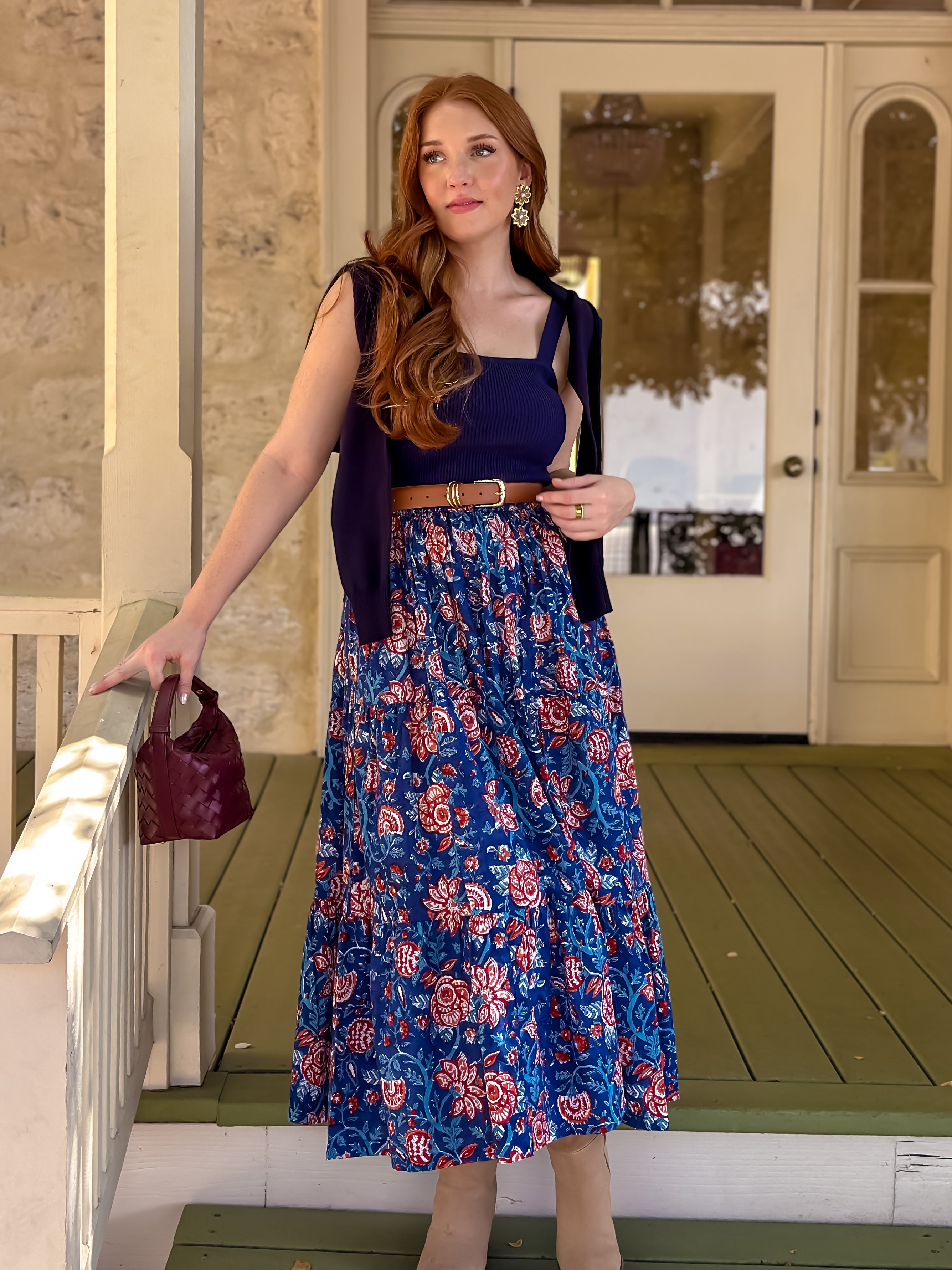 Blue Fall Floral Block-Print Maxi Skirt