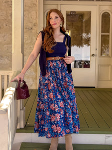Blue Fall Floral Block-Print Maxi Skirt