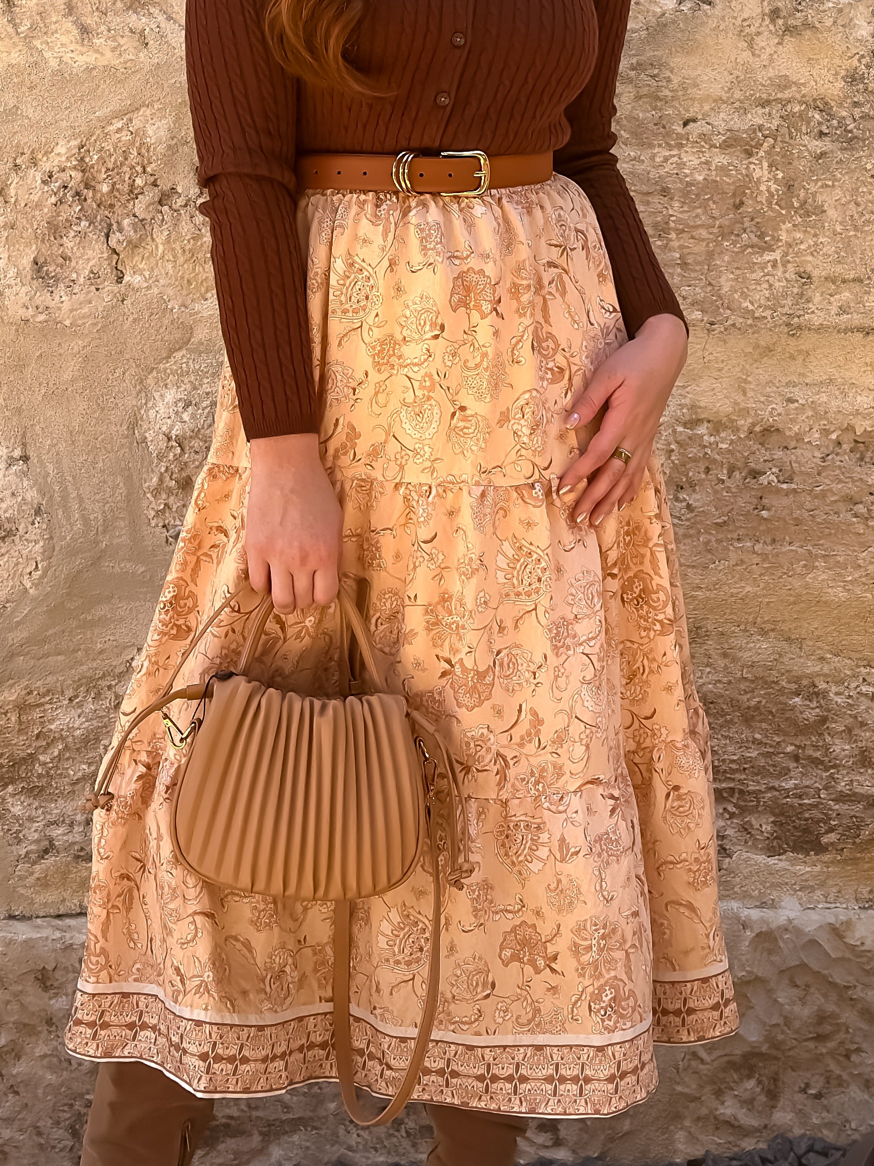 Peach Floral Midi Skirt