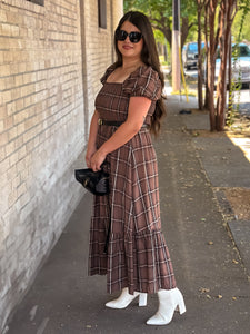 Brown Plaid Midi Dress