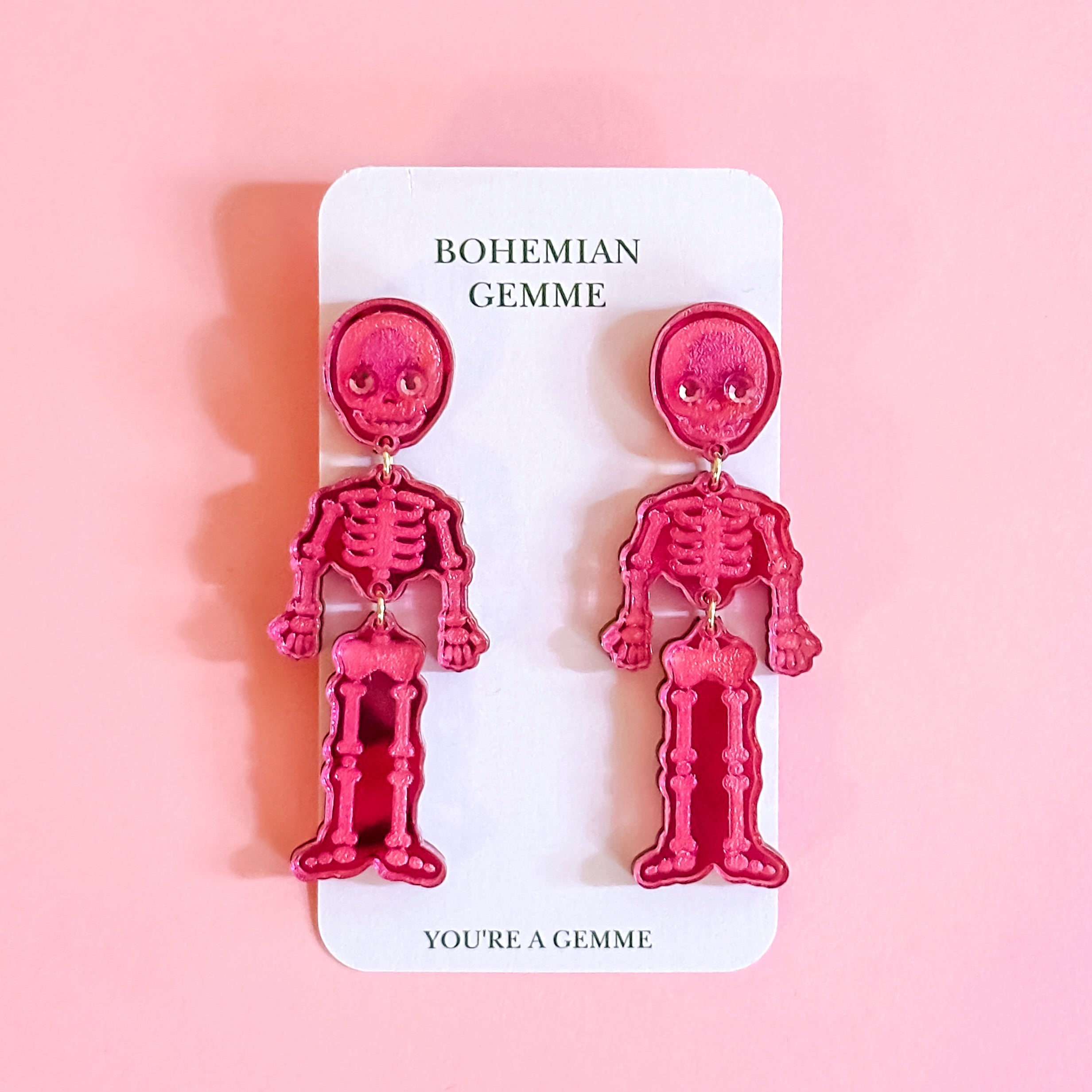 Skeleton Dangle Earrings-Pink