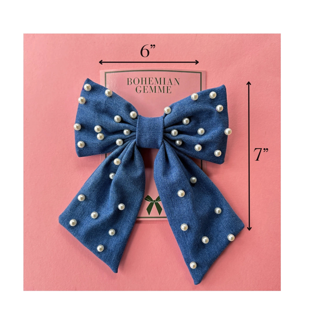 Denim Pearl Embellished Hair Bow