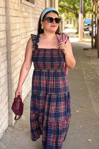 Navy & Berry Plaid Smocked Maxi Dress