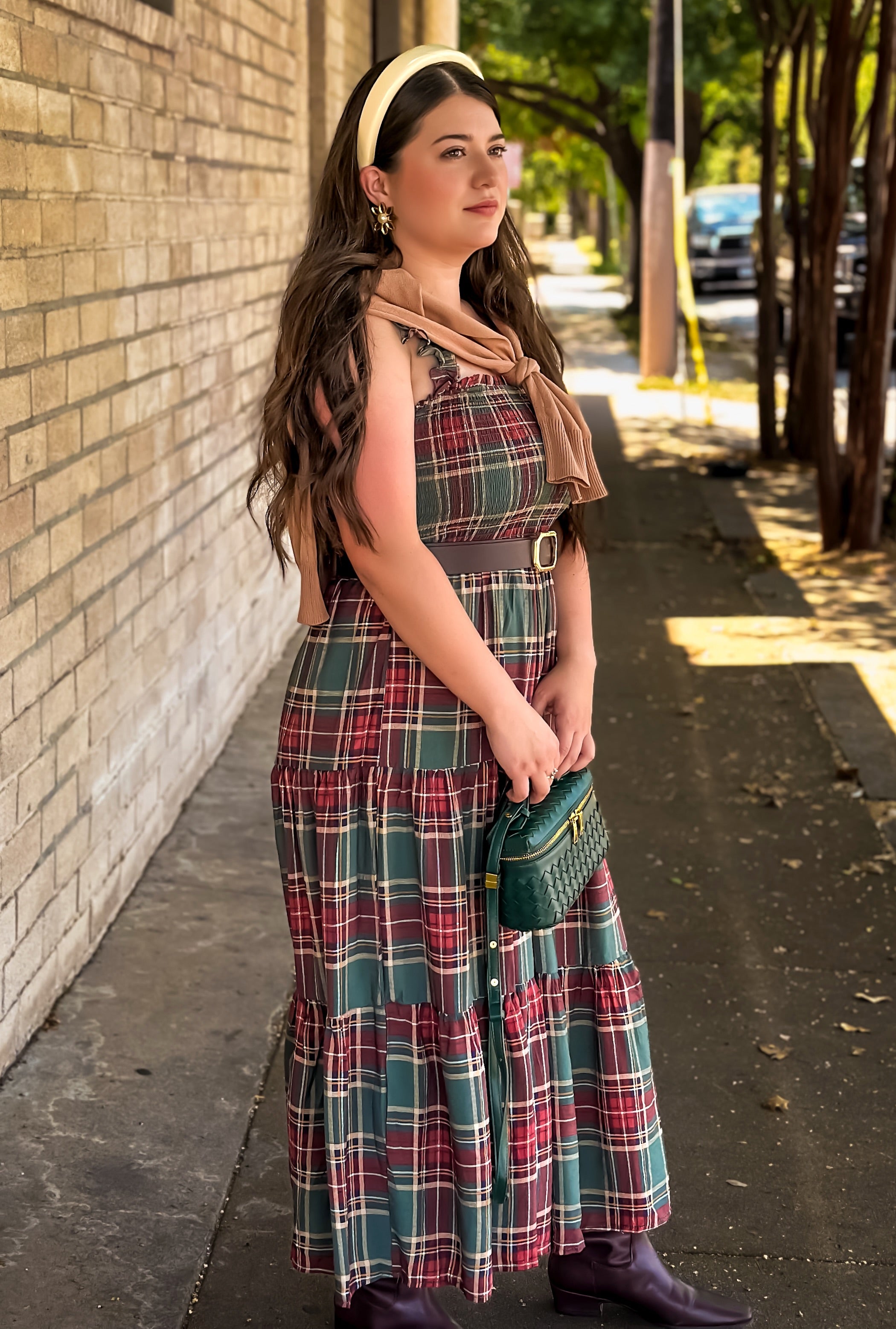 Highlands Charm Green Plaid Midi Dress
