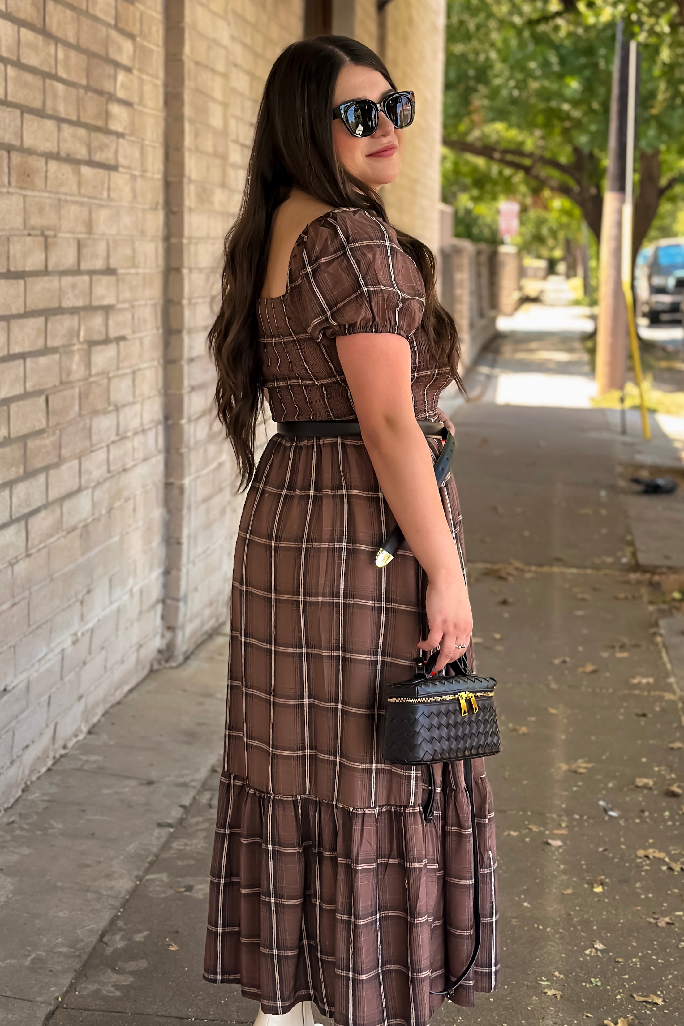 Brown Plaid Midi Dress