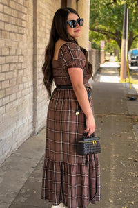 Brown Plaid Midi Dress