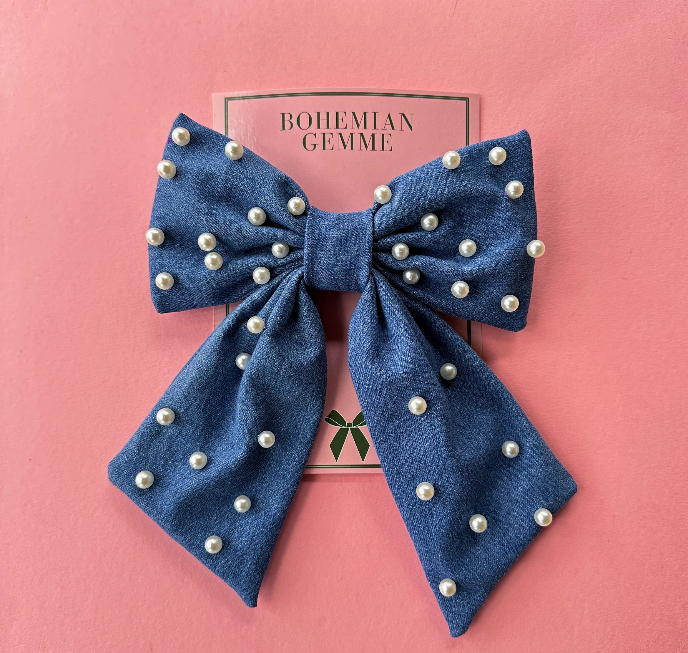 Denim Pearl Embellished Hair Bow