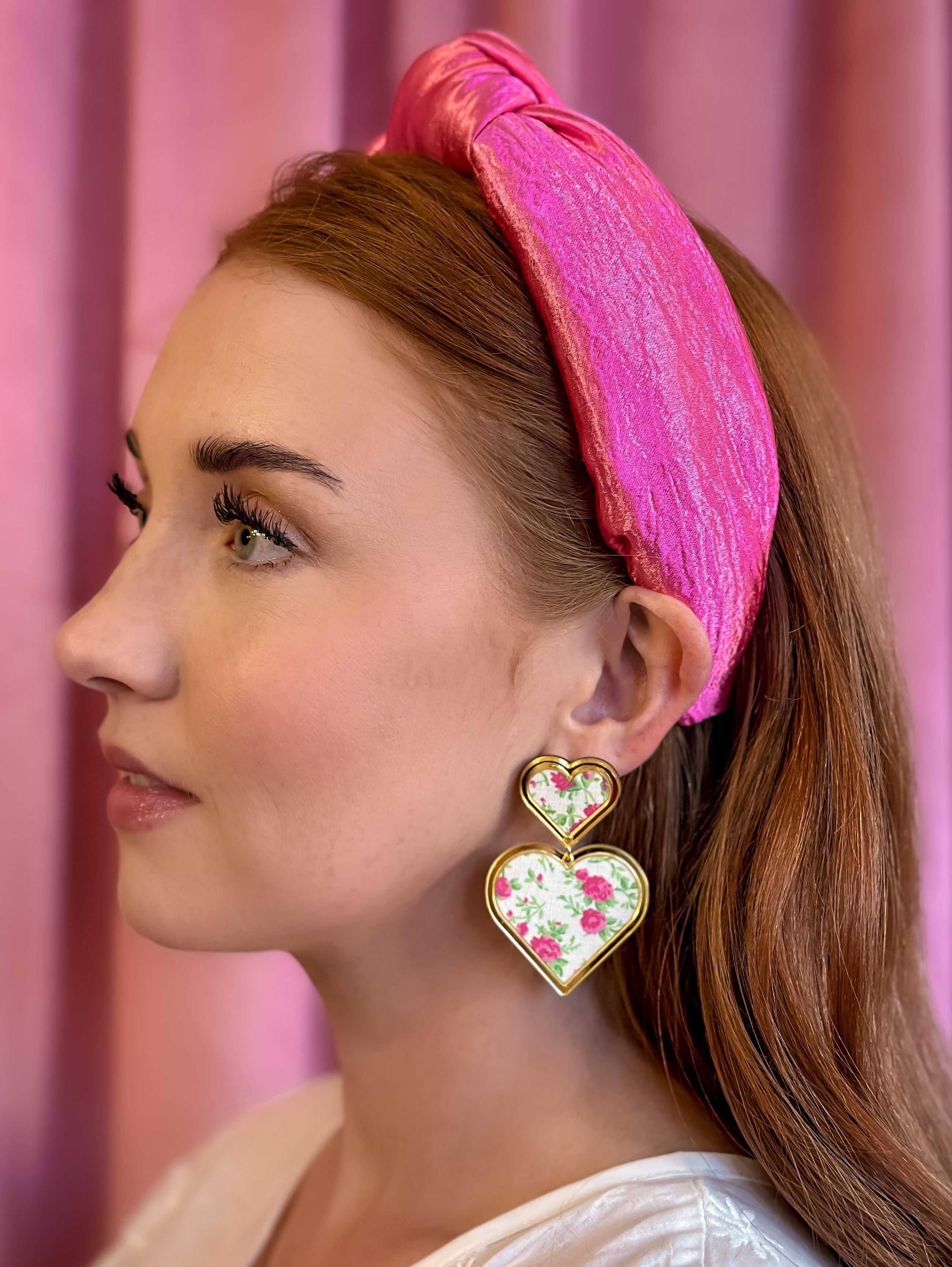 Pink Floral Print Heart Dangle Earrings