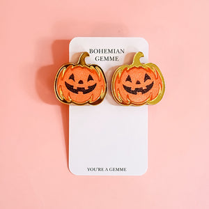 Orange Sparkly Jack-O-Lantern Statement Studs