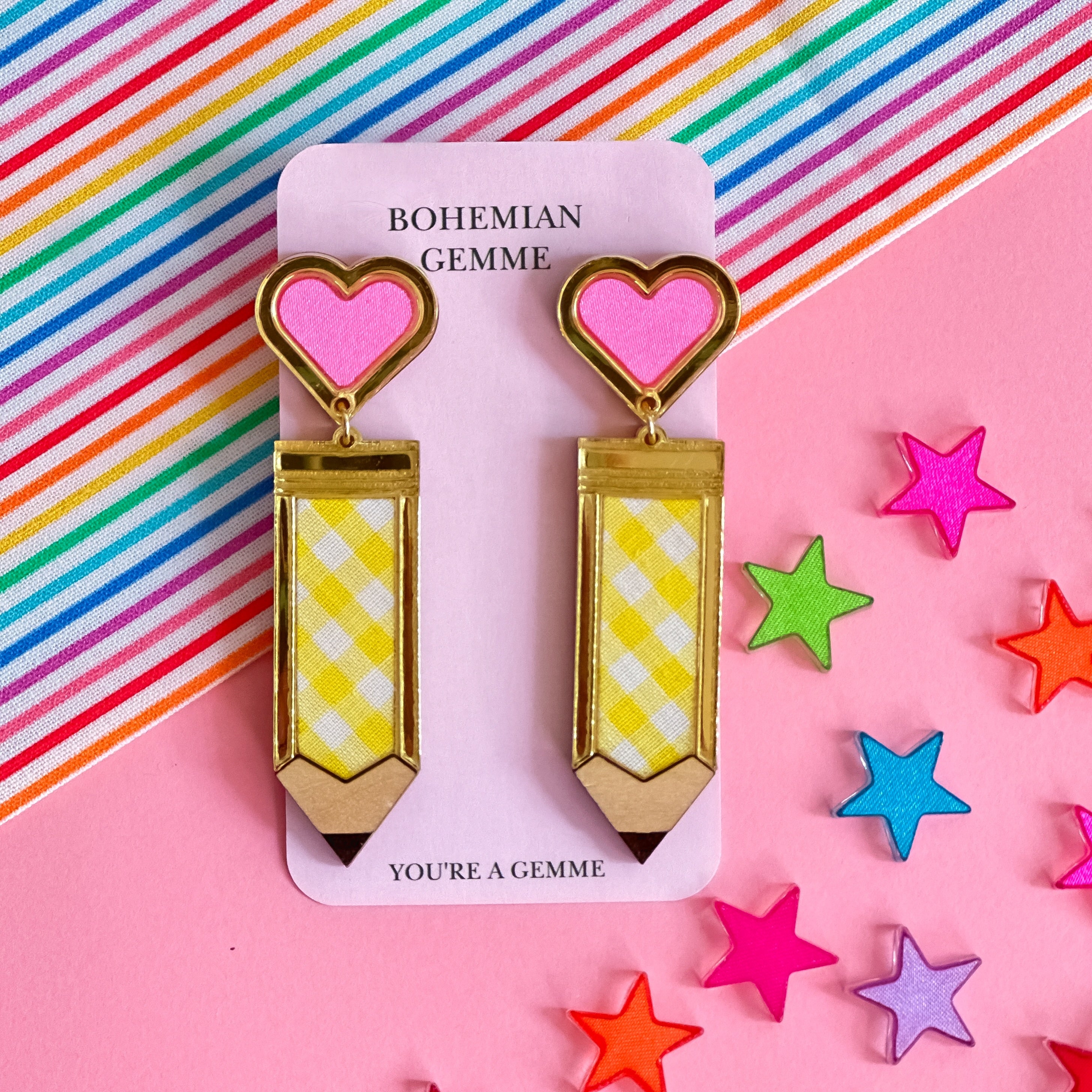 Yellow Gingham Pencil Drop Earrings