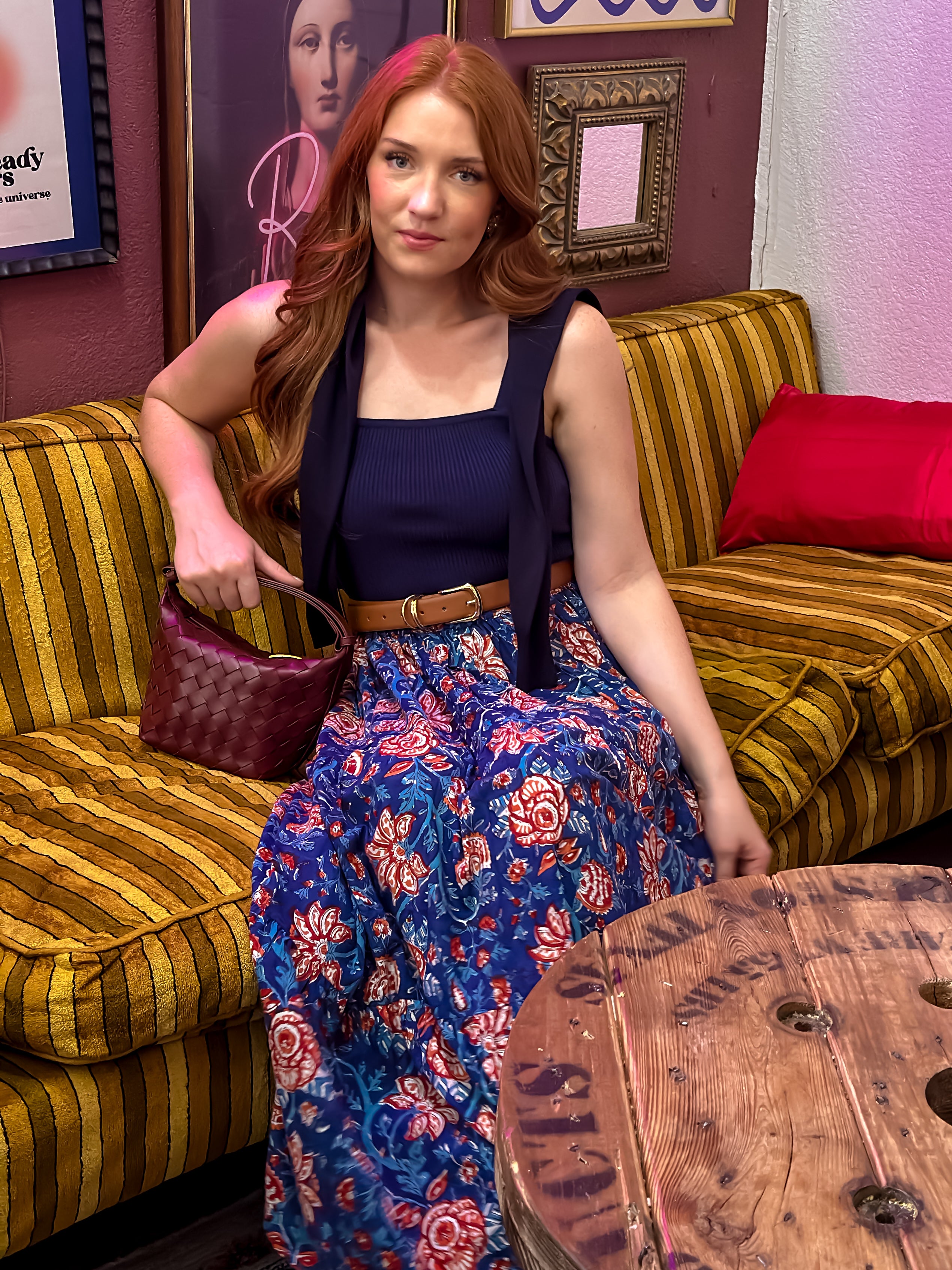 Blue Fall Floral Block-Print Maxi Skirt