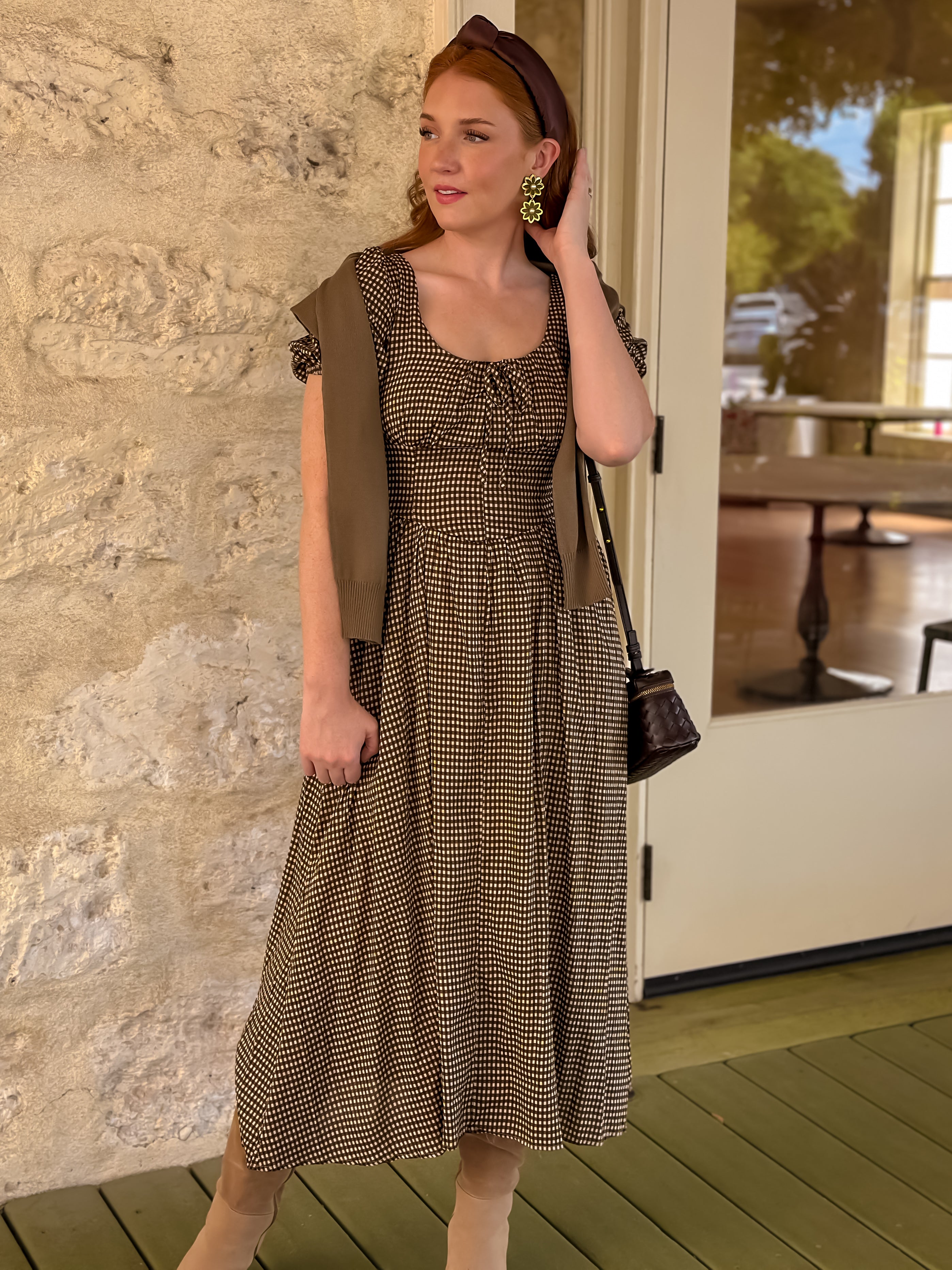 Brown Gingham Midi Dress