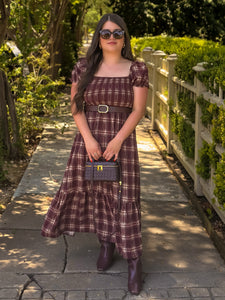 Marlowe Plaid Puff Sleeve Midi Dress