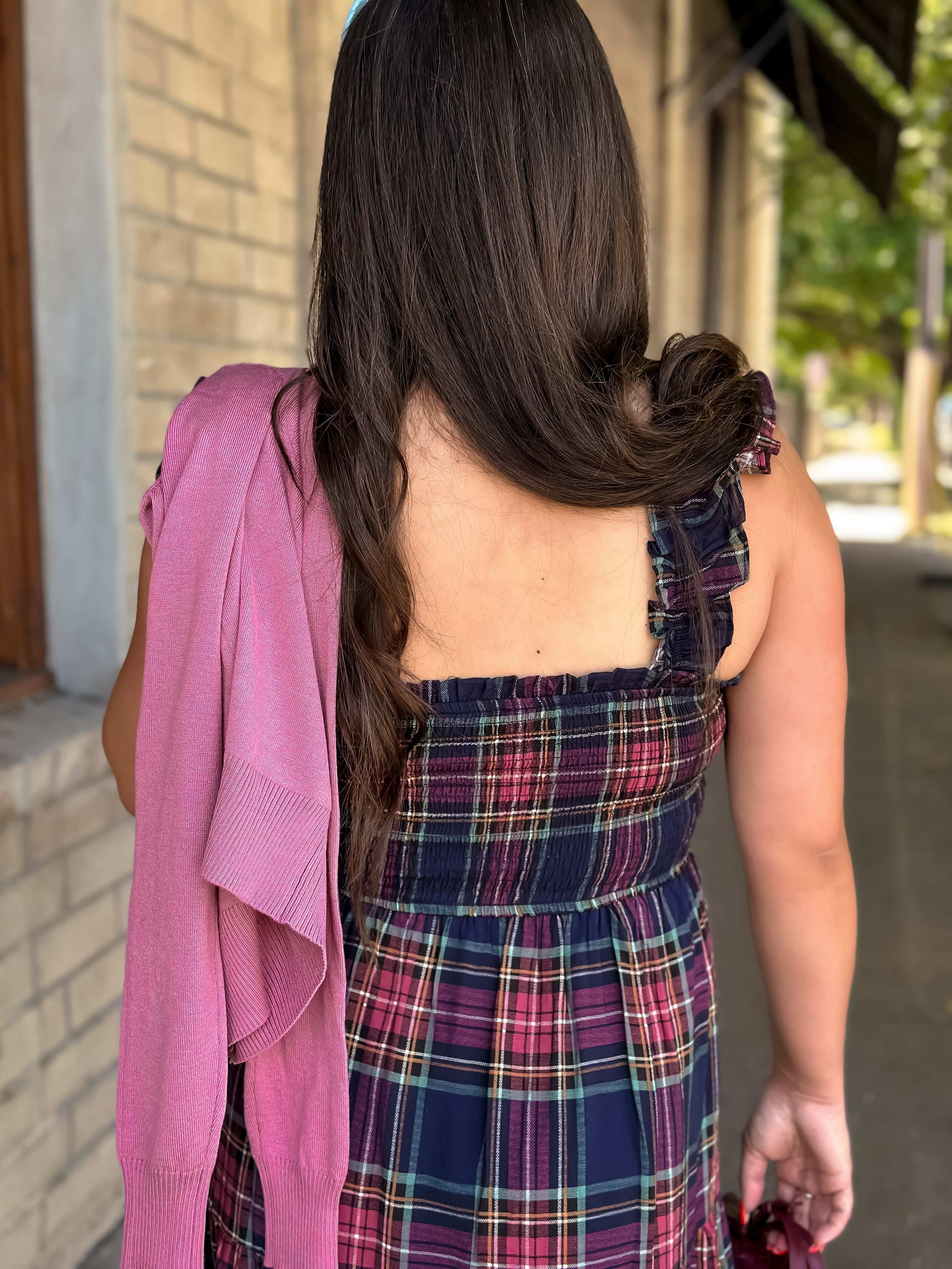 Navy & Berry Plaid Smocked Maxi Dress