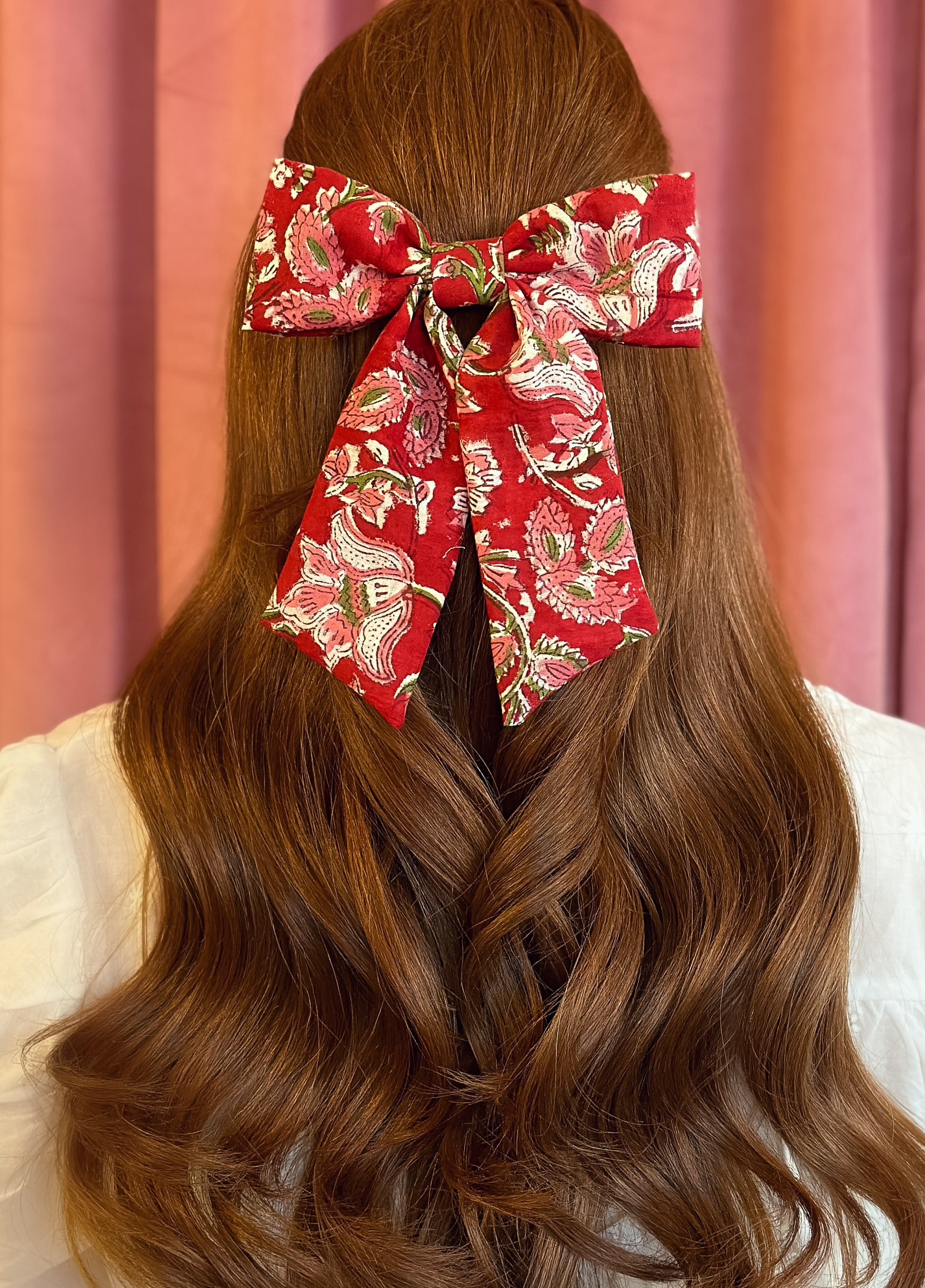 Red Floral Block Print Hair Bow