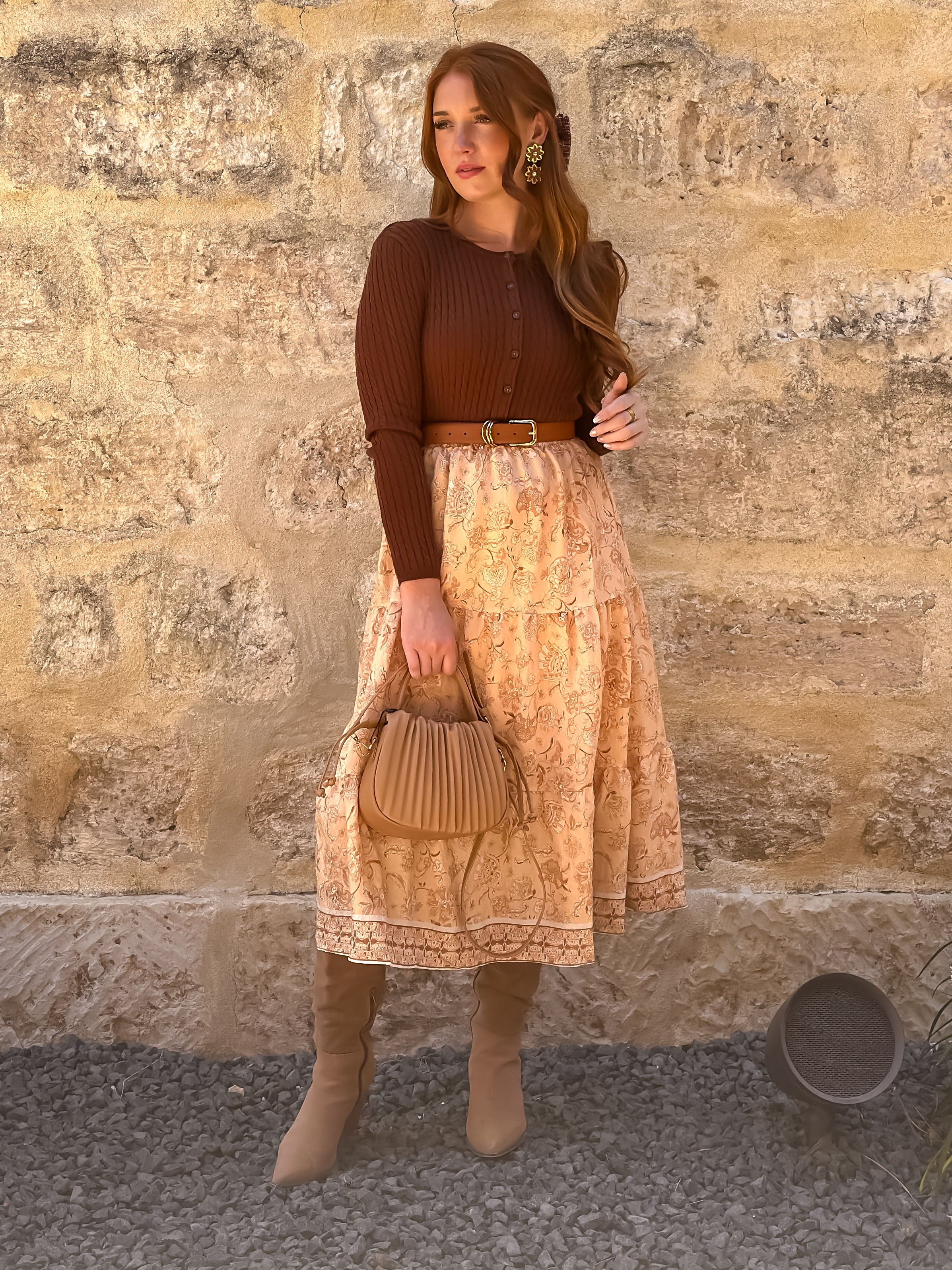 Peach Floral Midi Skirt