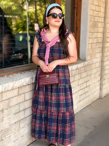 Navy & Berry Plaid Smocked Maxi Dress