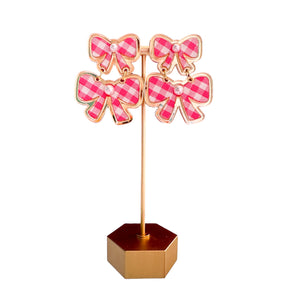 Sample Sale Fuchsia-Pink Gingham Double Bow Earrings