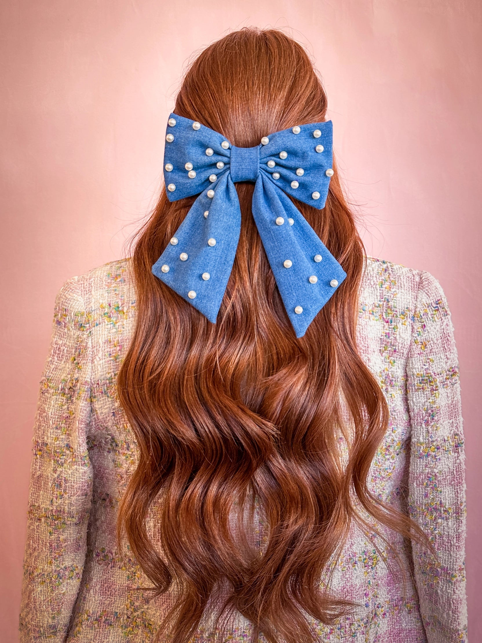 Denim Pearl Embellished Hair Bow