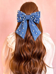 Denim Pearl Embellished Hair Bow