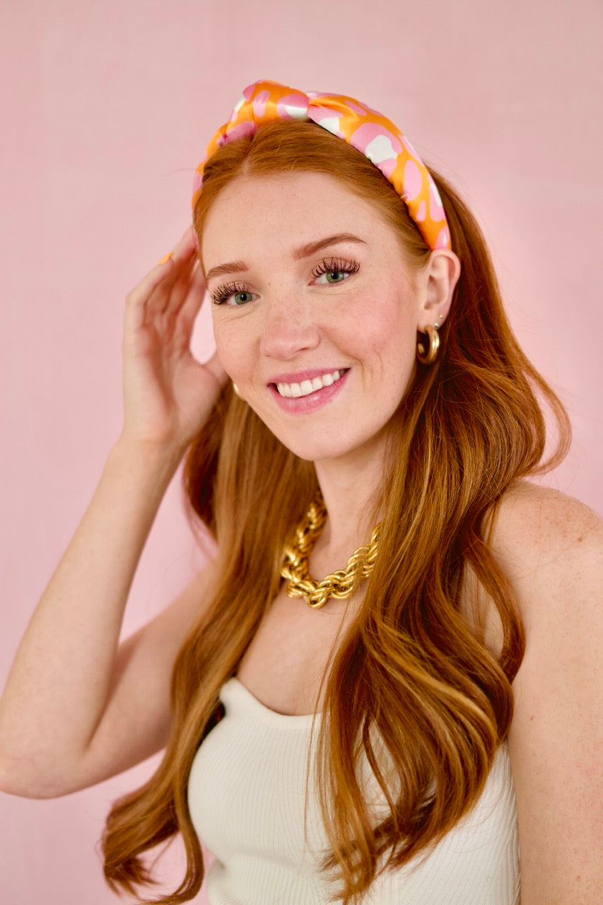 Pink & Orange Leopard Print Satin Knotted Headband