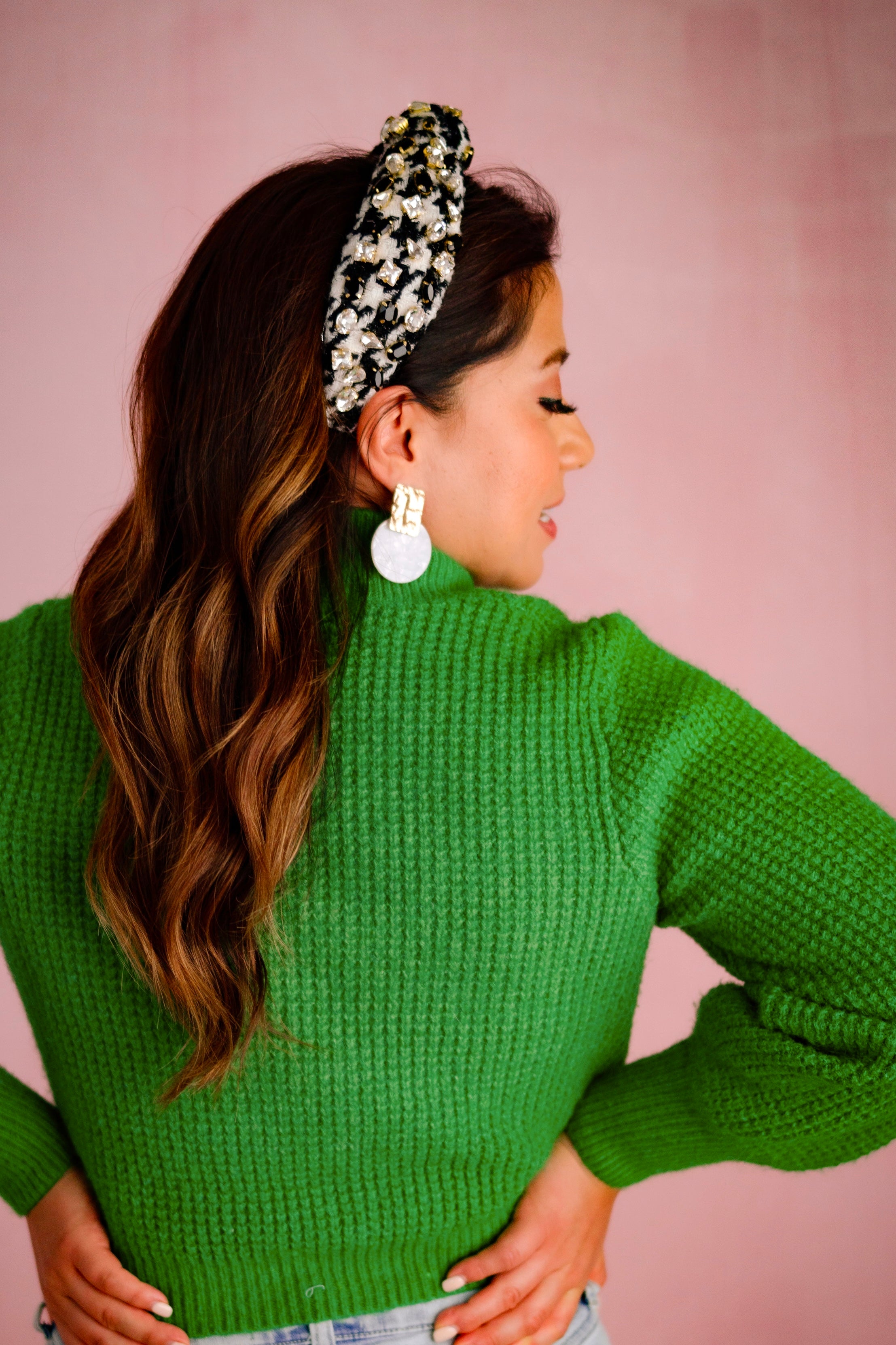 Black and White Houndstooth Jeweled Headband