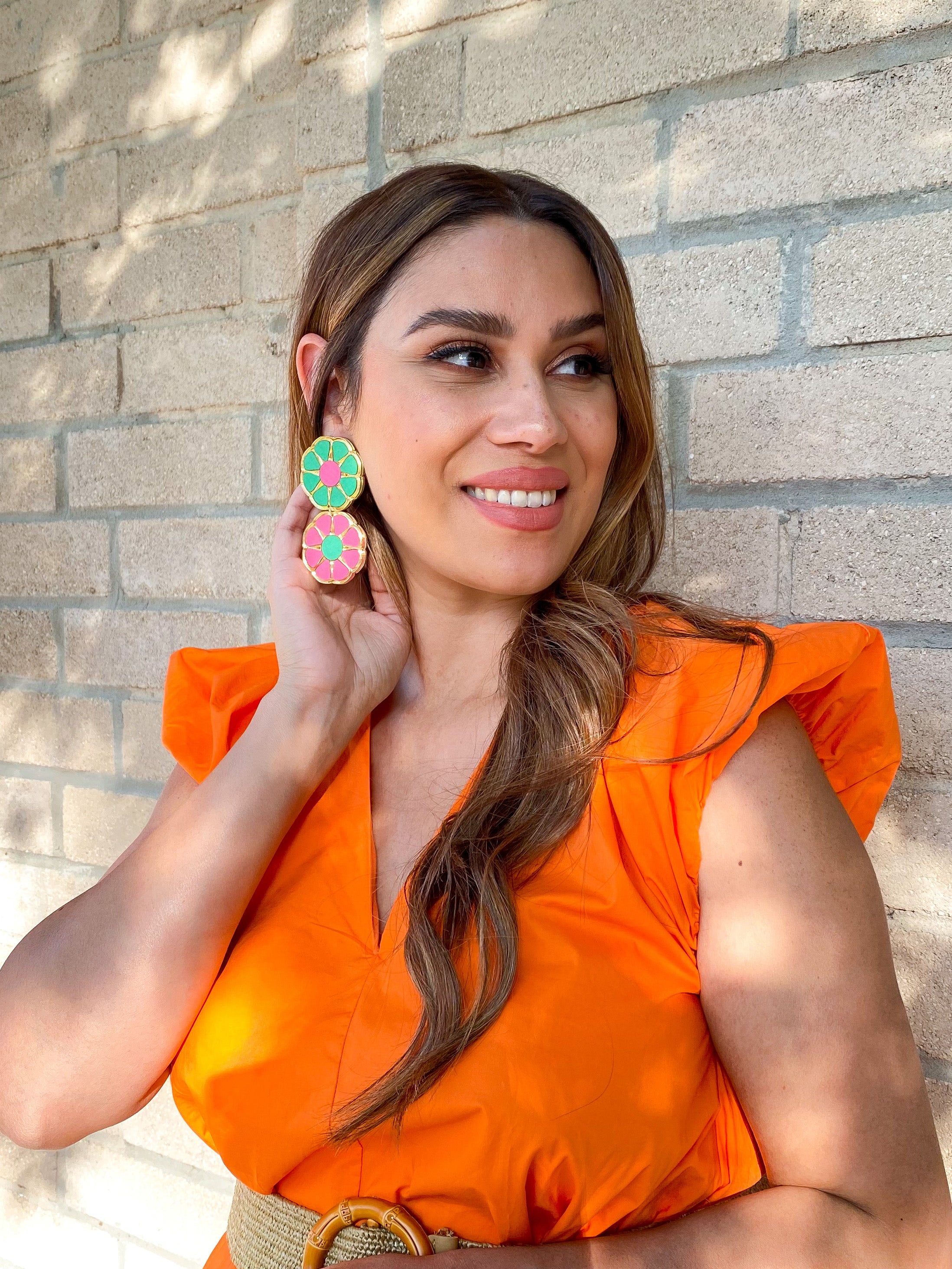 Pink and Green Color Block Earrings