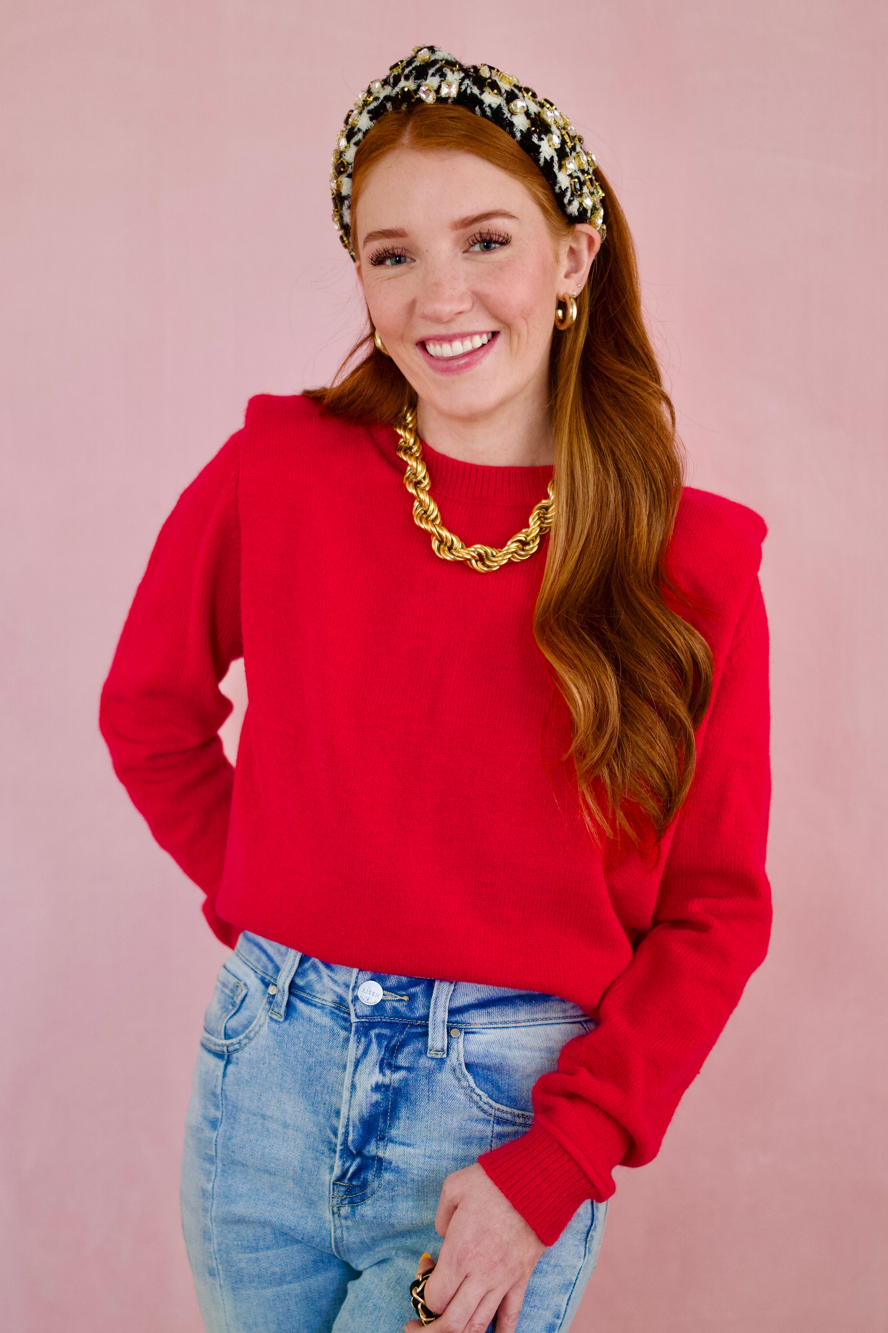 Red Sweater Padded Shoulders